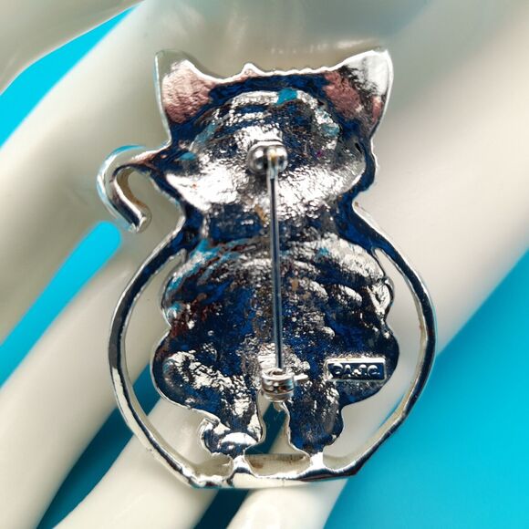 AJC Kitty Cat Fish Bowl Silver Tone Pin Brooch Vintage Signed - Picture 3 of 11